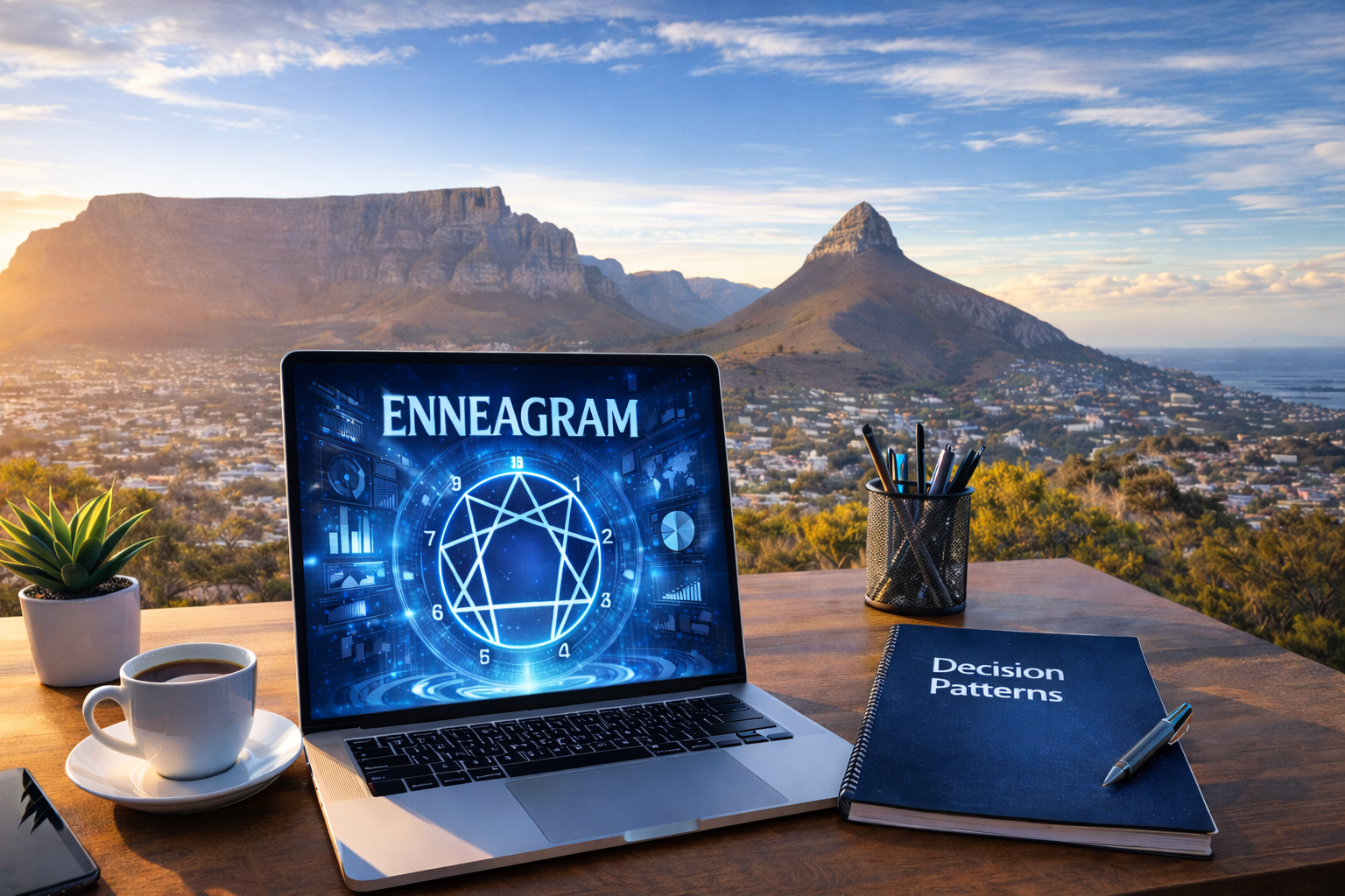 Enneagram symbol on laptop with Table Mountain backdrop